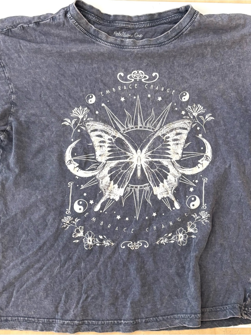 Rebellious One Blue Graphic Butterfly Short Sleeve Tee